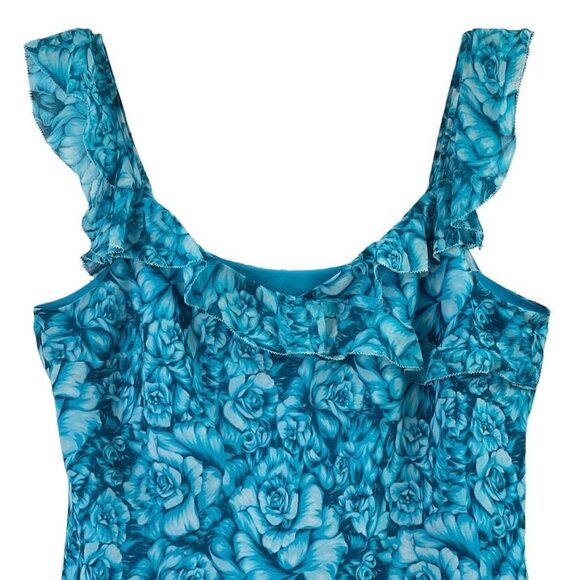 Ann Taylor Women's L Floral Ruffle Sleeveless Top 100% Silk Lined Teal Flowy - Picture 2 of 11